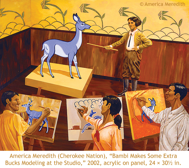America Meredith (Cherokee Nation), "Bambi Makes Some Extra Bucks Modeling at the Studio," 2002, acrylic on panel, 24x30.5 in